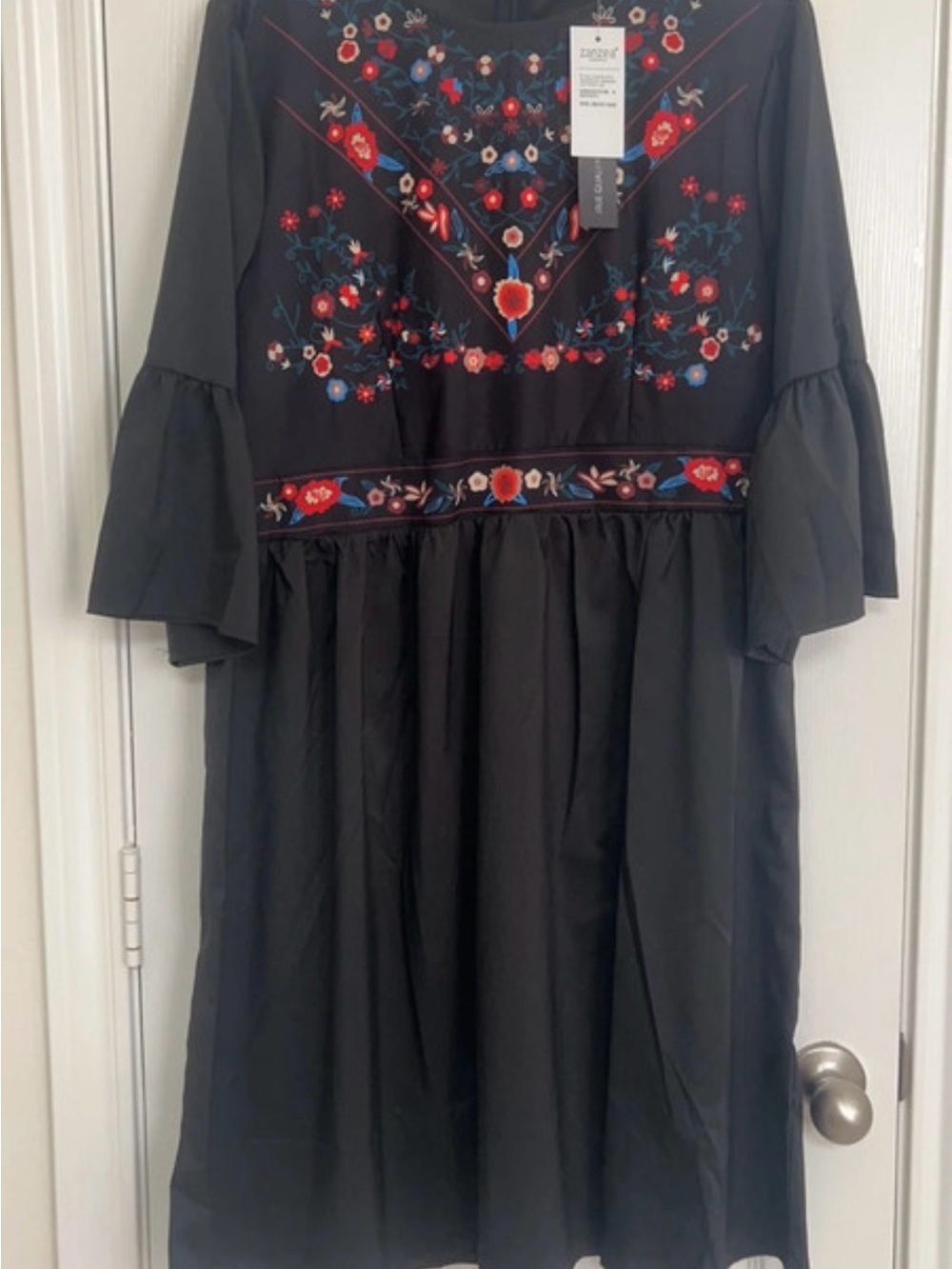 Black Floral Midi uDress with Bell Sleeves